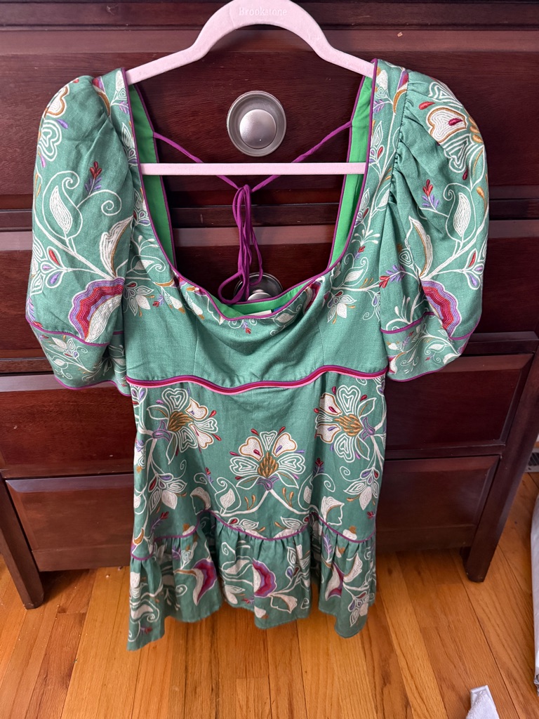 Nwt Farm Rio X Anthropologie Puff-Sleeve Linen Blend Mini Dress Green Size Small